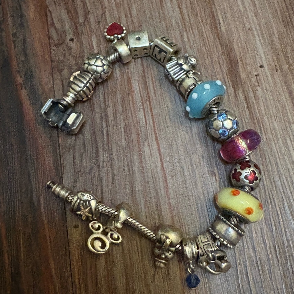 Pandora Gold and Silver Charm Bracelet with Colorful Beads